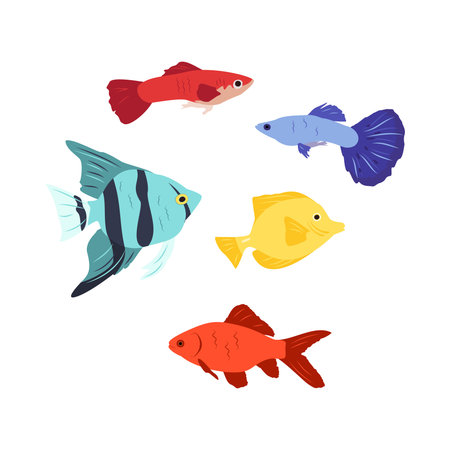 Set of bright icons of fish. The nature of the seas and oceans. Vector illustration in flat style