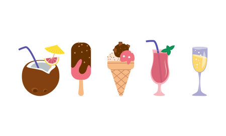 Icons of ice cream on a stick and in a waffle cup and soft drinks. Summer refreshing dessert for holidays and vacations. Cocktails in a glass and coconut. Vector illustrationのイラスト素材
