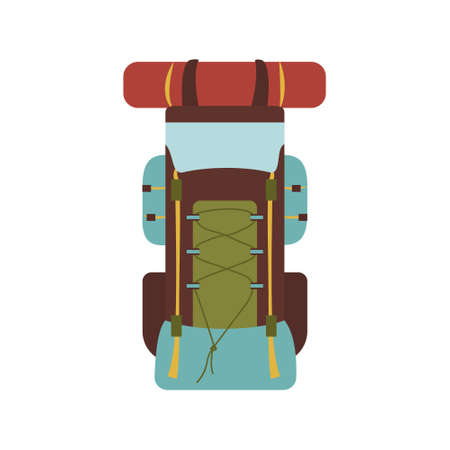 Hiking backpack for travel and vacation. Summer tourist item. Tour around the world. Vector flat illustrationのイラスト素材