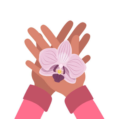 Female hands are holding an orchid. Delicate flower petals, spring motives. Festive decorations for wedding, holiday, postcard, poster, beauty salon, spa treatments. Vector illustrationのイラスト素材