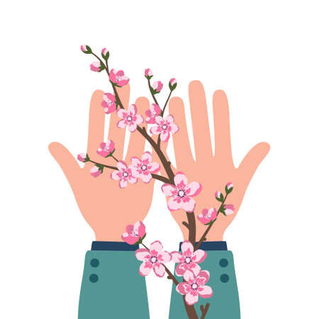 Male hands are holding a sakura branch. Delicate cherry blossom petals, spring bloom. Festive decorations for wedding, holiday, postcard, poster, beauty salon, spa treatments. Vector illustrationのイラスト素材