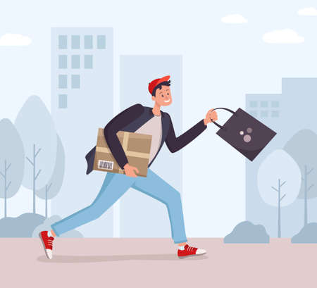 The courier delivers the order. A man runs down the street. Fast delivery of the parcel. City with houses and trees on the background. Vector flat illustrationのイラスト素材