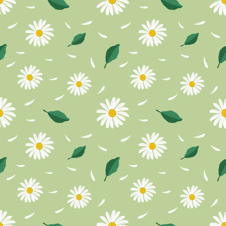 Summer seamless pattern with chamomiles and leaves. Cute romantic prince with flowers. Spring background with daisies. Vector illustrationのイラスト素材