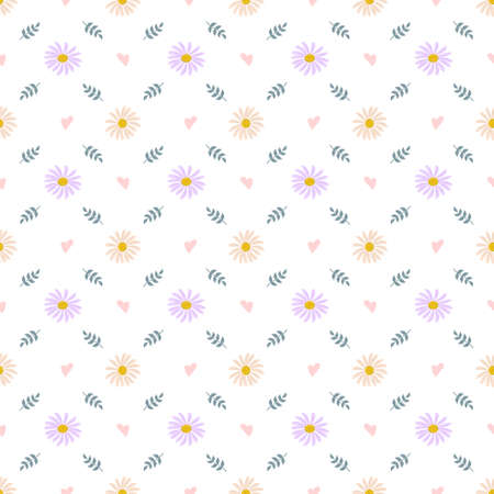 Summer seamless pattern with chamomiles and leaves. Cute romantic prince with flowers. Spring background with daisies. Vector illustrationのイラスト素材