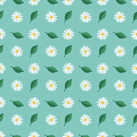 Summer seamless pattern with chamomiles and leaves. Cute romantic prince with flowers. Spring background with daisies. Vector illustrationのイラスト素材