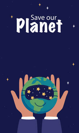 World Sleep Day. Vertical poster. Hands hold a sleeping planet Earth in a mask. Text save our planet. Vector flat illustrationのイラスト素材