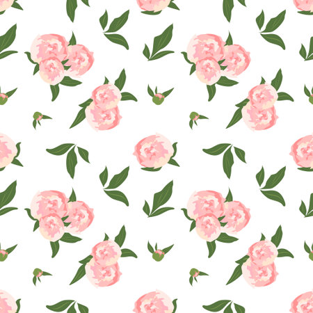 Delicate seamless pattern with peonies. Cute floral spring or summer print. Flowers with leaves on the background. Decoration for wedding, textile, wrapping paper and design. Vector illustrationのイラスト素材