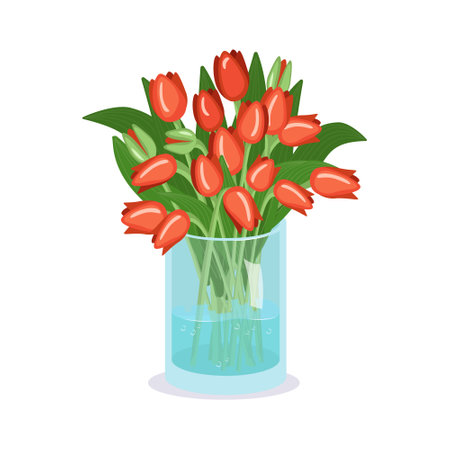 Cute spring and summer flowers in a vase. A bouquet of red tulips as a gift. Interior decoration. Plant shop. Vector illustrationのイラスト素材