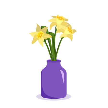 Cute spring and summer flowers daffodils in a vase. Bouquet as a gift. Interior decoration. Plant shop. Vector illustrationのイラスト素材