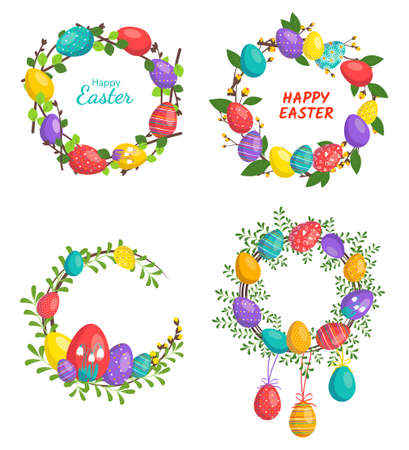 Set of Happy Easter wreath in bright colours. Festive decoration with spring elements, flowers and eggs. Vector flat illustration. Suitable for postcards, prints and designsのイラスト素材