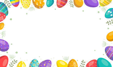 Bright Happy Easter frame with eggs for web, discounts, offers, postcards. Spring holiday decorations. Vector flat illustrationのイラスト素材