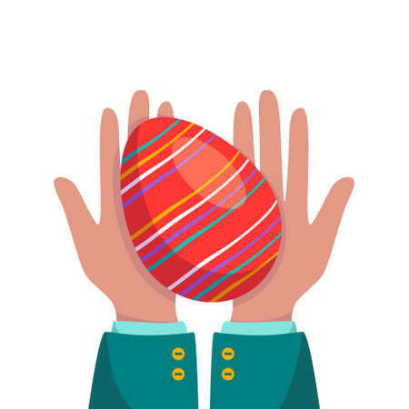Hands are holding a red Easter egg. Festive spring decorations. The palms are giving a gift. Vector flat illustrationのイラスト素材