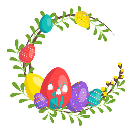 Happy Easter wreath in bright colours. Festive decoration with spring elements, flowers and eggs. Vector flat illustration. Suitable for postcards, prints and designsのイラスト素材