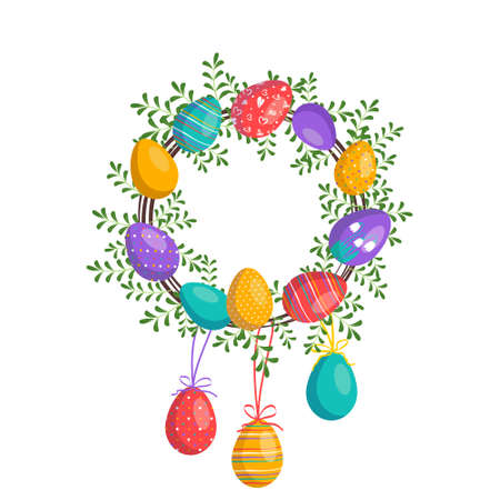 Happy Easter wreath in bright colours. Festive decoration with spring elements, flowers and eggs. Vector flat illustration. Suitable for postcards, prints and designsのイラスト素材