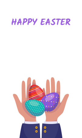 Vertical banner with hands holding painted Easter eggs. Festive spring decorations. The palms are giving a gift. Vector flat illustrationのイラスト素材
