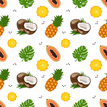 Bright seamless pattern with papaya, coconut and pineapple. Summer print for wrapping paper, textiles and design. Vector illustration with tropical fruits and palm leaves.のイラスト素材