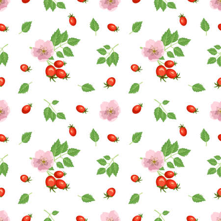 Bright seamless pattern with rose hips, red berries, leaves and flowers. Summer cute print for wrapping paper, textile and design. Vector illustrationのイラスト素材