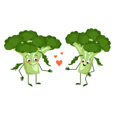 Cute broccoli characters with love emotions, face, arms and legs. The funny or happy heroes, green vegetable or cabbage fall in love. Vector flat illustrationのイラスト素材