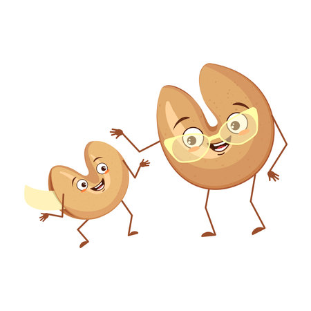 Cute chinese fortune cookies characters funny grandmother and grandson, arms and legs. The funny or happy hero, festive sweets. Vector flat illustrationのイラスト素材
