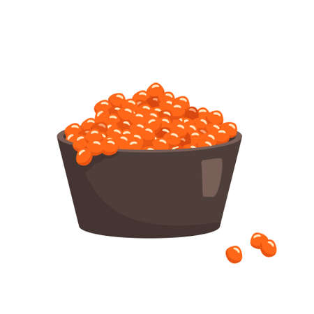 Red caviar in a plate icon. Delicious seafood for a holiday. Russian tradition. Vitamin A source. Small balls in a brown bowl. Vector flat illustrationのイラスト素材