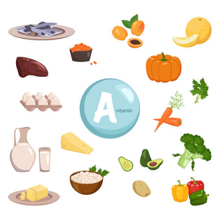 Source of vitamin A. Collection of vegetables, fruits and herbs. Diet food. Healthy lifestyle. The composition of the products. Vector illustrationのイラスト素材