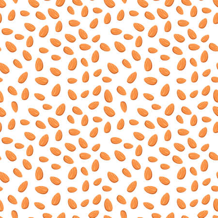 Seamless pattern with almonds. Cute print with nuts on a white background. Food and snacks icon. Vector flat illustration.のイラスト素材