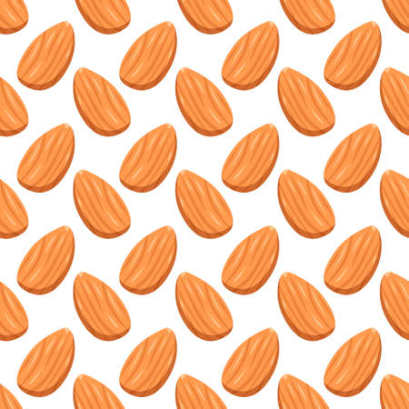 Seamless pattern with almonds. Cute print with nuts on a white background. Food and snacks icon. Vector flat illustration.のイラスト素材