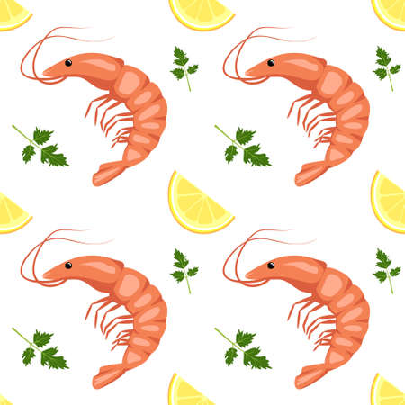 Seamless pattern with shrimps or prawns, lemon wedges and parsley leaves. Food print for textiles, paper and other designs. A source of vitamins and healthy nutrition. Vetor illustrationのイラスト素材