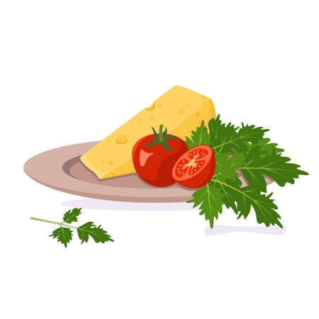 A plate with cheese, tomatoes and herbs. Healthy organic food. A source of vitamins and minerals. Vector flat illustrationのイラスト素材