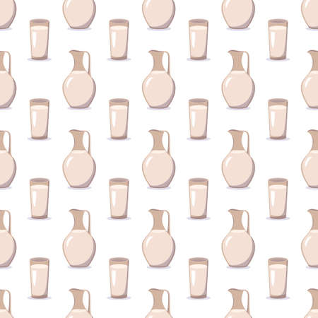 Seamless pattern with a jug and a glass with milk. Print with kefir or other liquid. Farm products rich in vitamins and calcium in the background. Vector flat illustrationのイラスト素材
