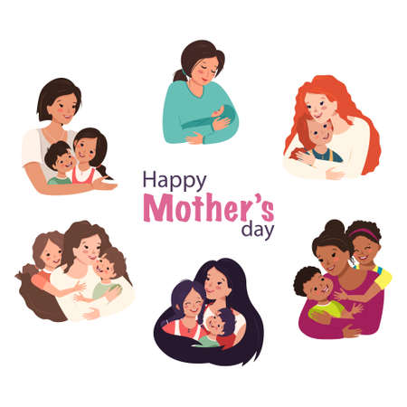 Mom hugs the child. Happy mother day. Woman and baby. Family care and love. Cheerful people of different nationalities, with different skin and hair colors. Parent, boy and girl. Vector illustrationのイラスト素材