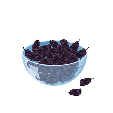 Glass transparent bowl with black raisins. Sweet delicious dessert or snack. Source of vitamins, exotic food, dried grapes. Additive to baked goods or dairy products. Vector flat illustrationのイラスト素材