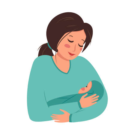 Mom holds the baby in her arms. Happy mother day. Children Protection Day. The woman takes care of the child. Maternity, caring and love for the newborn. Vector flat illustrationのイラスト素材