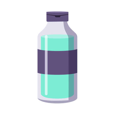 A bottle of nail polish remover. Manicure tools. Caring for the health of hands and nails. Beauty salon icons. Container with liquid, lid and label. Vector flat illustration.のイラスト素材