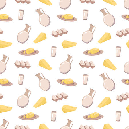 Seamless pattern with dairy products. Repeating icons of cheese, milk, eggs, butter. Print for textiles, paper, menus, cafes, restaurants designs. Vector flat illustrationのイラスト素材