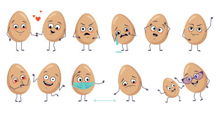Set of cute egg characters with emotions, face, arms and legs. Happy Easter decoration. Smiling or...