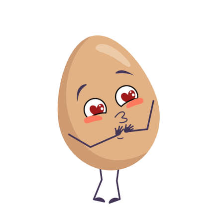 Cute egg character with smile, a love emotions, face, arms and legs. Happy Easter decoration. The funny or happy food heroes fall in love. Vector flat illustrationのイラスト素材