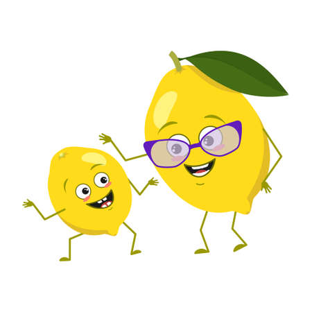 Cute lemon characters with emotions, face. Funny grandmother and grandson with arms and legs. Spring or summer decoration. The happy citrus hero, yellow fruit. Vector flat illustrationのイラスト素材