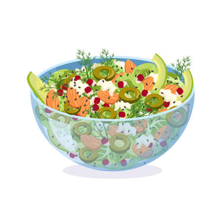 Homemade salad of fresh vegetables, herbs, olives and cheese in a glass bowl. Dish with almonds, pomegranate and sesame seeds. Cooking delicious food at home. Vector flat illustration.のイラスト素材