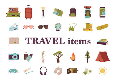 Set of tourist items for vacation. Luggage icons for travel and hike. A collection of objects and accessories for outdoor recreation and journey around the world. Vector flat illustrationのイラスト素材