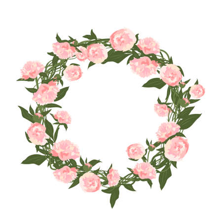 A wreath of peonies. Round frame, pink cute flowers and leaves. Spring pink blooming composition with buds. Holiday decorations for wedding, holiday, postcard, poster and design. Vector illustrationのイラスト素材