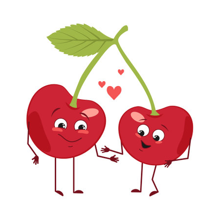 Cute cherry characters with love emotions, face, arms and legs. The funny or happy food heroes, berry fall in love. Vector flat illustrationのイラスト素材