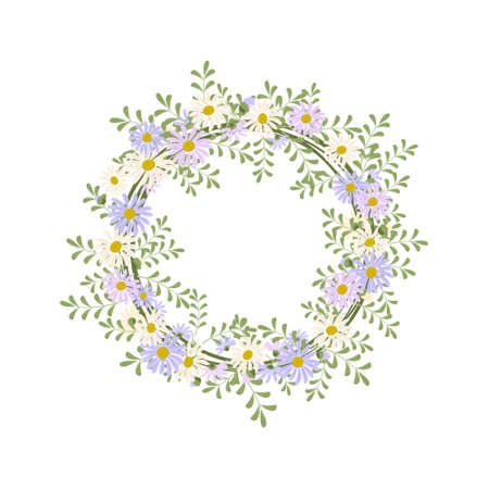 Daisy wreath. Round frame, cute purple and white flowers chamomile with yellow hearts.  Vector flat illustrationのイラスト素材