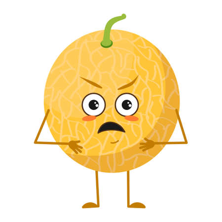 Cute melon character with angry emotions, face, arms and legs. The funny or grumpy food hero, fruit. Vector flat illustrationのイラスト素材