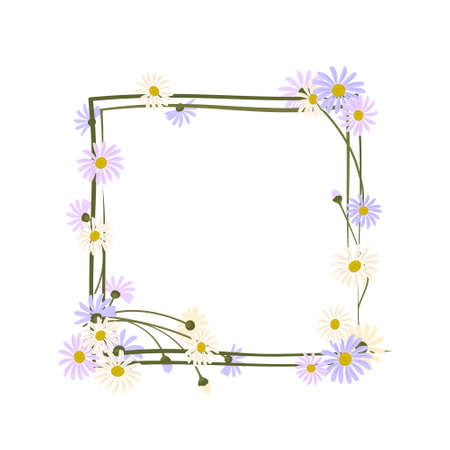 Daisy wreath. Square frame, cute purple and white flowers chamomile with yellow hearts. Holiday decorations for wedding, holiday, postcard, poster and design. Vector illustrationのイラスト素材
