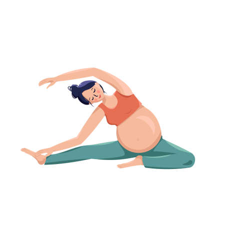 Beautiful pregnant woman goes in for sports. Taking care of the body and health. Waiting for the baby. Stretching during pregnancy. Vector flat illustration of peopleのイラスト素材