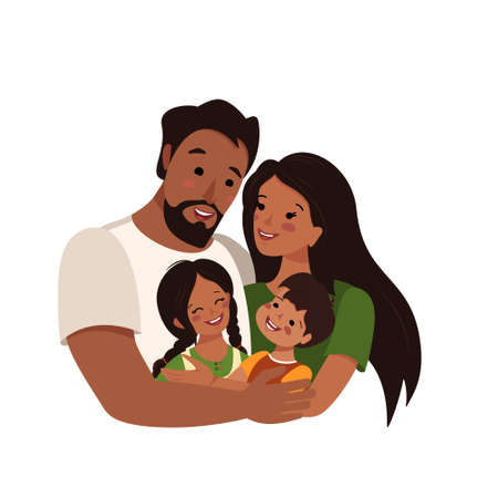Happy African American or Latin family with dark skin and black hair together. International family day. Dad hugs mom and children. A group of people. Father, mother, daughter and son. Vector illustrationのイラスト素材