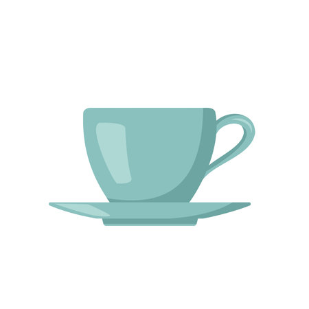 Cup and saucer icon. Kitchen utensils, tea or coffee items. Blue mug. Vector flat illustrationのイラスト素材
