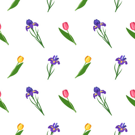 Cute seamless pattern of iris and tulips flowers. Bright spring and summer print with green leaves. Holiday decorations and elements for cards, weddings, holidays and design. Vector flat illustration.のイラスト素材
