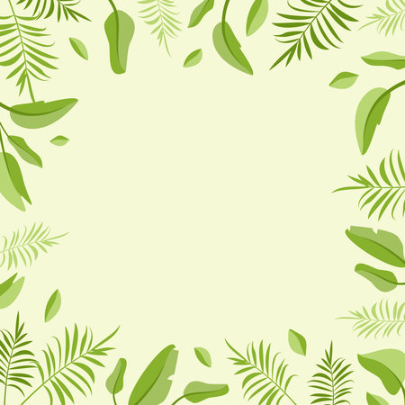 Green frame with palm leaves and blank space. Banner for special offers, discounts and sales. Bright summer exotic poster for design. Vector flat illustrationのイラスト素材